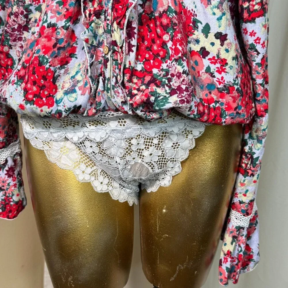 Free People Women's Heat Wave Thong Bodysuit Size Medium Floral Ruffle Blue Red - Picture 3 of 10